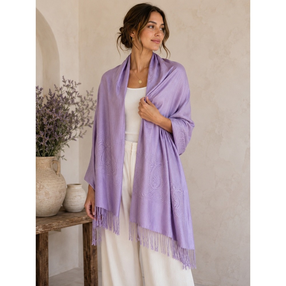 ashmina Silk Blend Lavender Paisley Fringe Scarf Shawl Wrap
